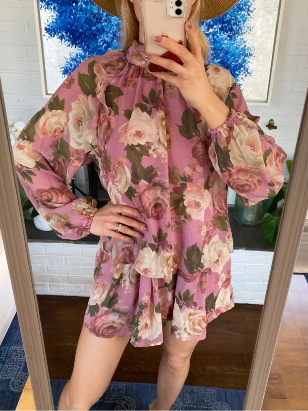 BEBOP Floral Mauve Long-Sleeve Ruffled Mini Dress! 🌸